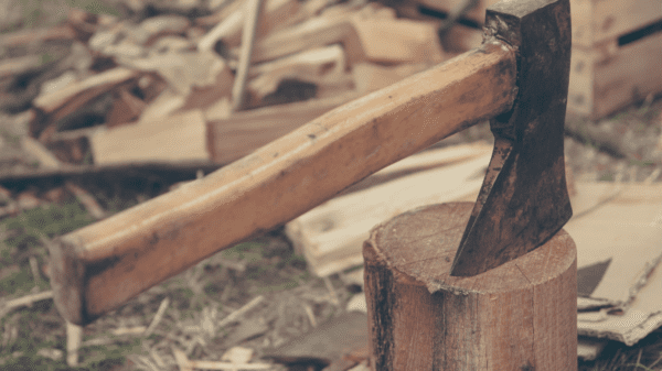 An axe stuck in a log with chopped wood behind it