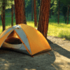 A tent surrounded by trees in spring